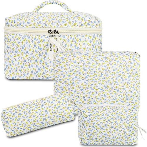 4Pcs Quilted Makeup Bag Set Cute Floral Cosmetic Bag Cotton Coquette Make up Bag Aesthetic Travel Toiletry Bag for Women Girls