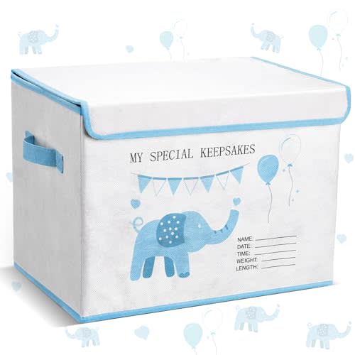 LemonRoad Baby Boy Keepsake Memory Box, Blue, Elephant | 16in Large Storage for Baby Keepsakes, Elephant Design, Collapsible Bin for Treasured Mementos, Baptism Gift