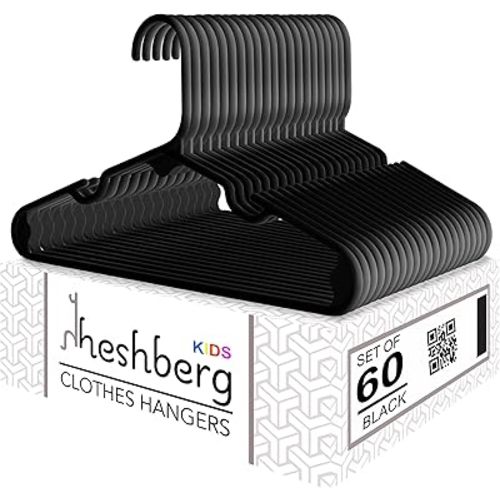 Baby and Kids Hangers - Small Plastic Closet Clothes Hangers for Babies Infant Toddler Children - 60 Pack (Black)