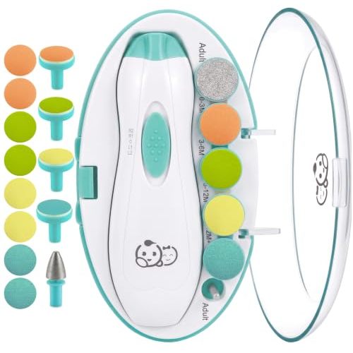 Royal Angels Upgraded 21 in 1 Baby Nail Trimmer with Labeled Case, 13 Extra Replacement Pads, Safe Electric Baby Nail File Kit for Newborn & Toddler, Whisper Quiet Nail Clipper with LED Light (Green)