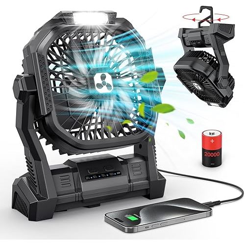 ONLYNEW Portable Fan Rechargeable, 20000mAh Cordless Battery Powered Fan with LED Lantern, USB C Battery Operated for Travel Bedroom Home Camping Tent Office Beach Desk Fishing Table (Black)