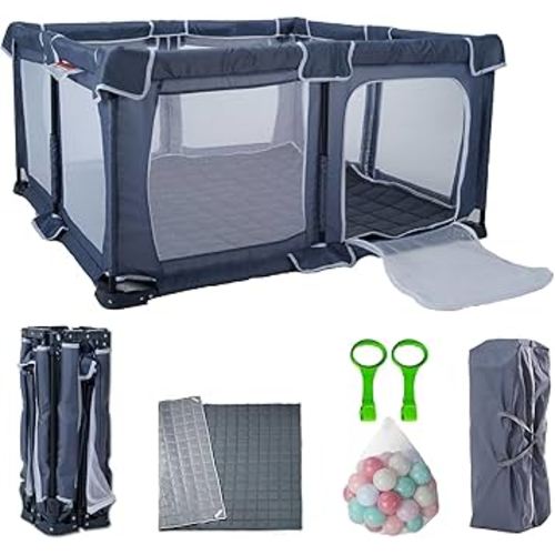 Foldable Baby Playpen 50"X50",Play Pen for Babies and Toddlers, Portable Playpen, Kids Collapsible Play Pen, Indoor & Outdoor Baby Fence with Visible Mesh,Safety Area Travel Play Yard with mat (Grey)