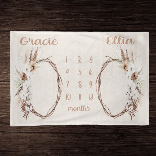 Twin Girls Boho Milestone Blanket -Month Blanket-Personalized Baby Girl Blanket - Custom Baby Shower Gift -Neutral Boho Nursery Newborn Gift