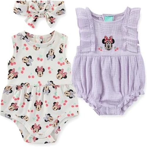 Disney Minnie Mouse Baby Girls 2 Pack Sleeveless Rompers with Headband Set for Newborn and Infant