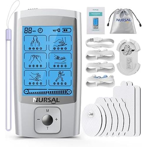 NURSAL 24 Modes TENS Unit Muscle Stimulator with Continuous Stimulation, Rechargeable Electronic Pulse Massager with 8 Pads for Back and Shoulder Pain Relief and Muscle Strength (Silver)