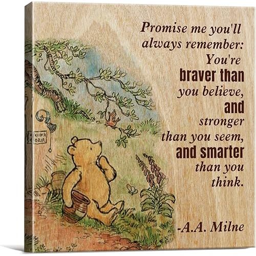 Winnie the Pooh Wall Art Decor Remember You're Braver Than You Believe Quote Canvas Painting Pictures Framed Canvas Print Sign Artwork Ready to Hang for Home Nursery (8x8 Inch)