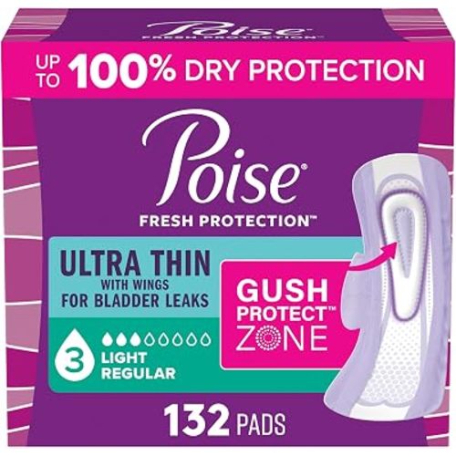 Poise Ultra Thin Incontinence & Postpartum Pads with Wings for Bladder Leaks, 3 Drop Light Absorbency, Regular Length, 132 Count (Packaging May Vary)