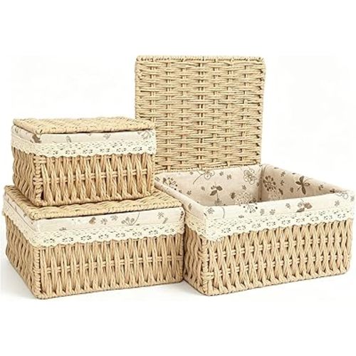 Small Wicker Basket with Lid & Liner for Counter, Woven Storage basket Set of 3, Rectangular Paper Rope Woven Baskets for Organizing, Perfect for Organizing and Home Decor