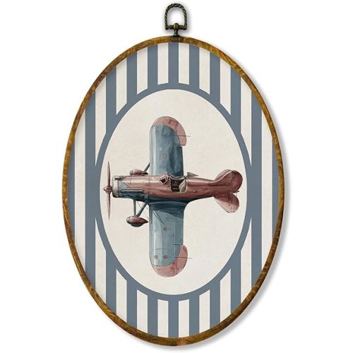 XPH Airplane Nursery Oval Wall Art Framed, Kids Oval Wall Decor Accents, Blue Striped Aviation Plane Hanging Canvas Prints for Home Kids Boy Nursery Room Bedroom Playroom Decoration, 8.6x11.4 Inch
