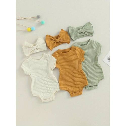 0-18M Baby Girl 2 Piece Outfits Solid Color Short Sleeve Romper With Bow Headband Set Summer Clothes | SHEIN USA