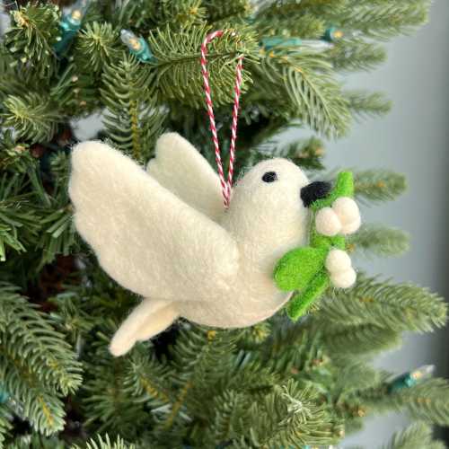 Dove with Olive Branch Ornament - Felt Wool Fair Trade Handmade Christmas Decor