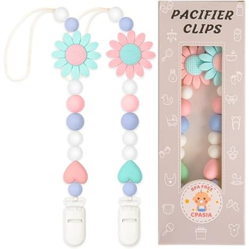 Pacifier Clip, 2 Pack Silicone Pacifier Clips for Newborn Boys and Girls, Adorable Sunflower Pacifier Holder Fits for Most Pacifier, Baby Shower and Baby Gift