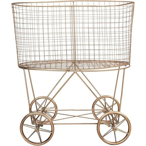 Creative Co-Op Vintage Reproduction Decorative Metal Laundry Basket on Wheels, Copper