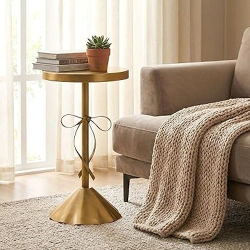 Gold Metal Martini Drink Table 13.25''x21'' Bow Pedestal Side Table Round Martini End Desk Small Cocktail Drink Stand for Small Spaces Nightstand Bedroom Couch Chair Vintage Decor