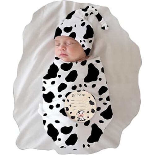 Ylsteed Baby Swaddle Blanket and Headband Set, Newborn Receiving Blanket Swaddle Wrap for Girls and Boys, Swaddling Blankets Neutral for Newborn, Soft and Skin-Friendly 32 * 32 inches (Cow Pattern)
