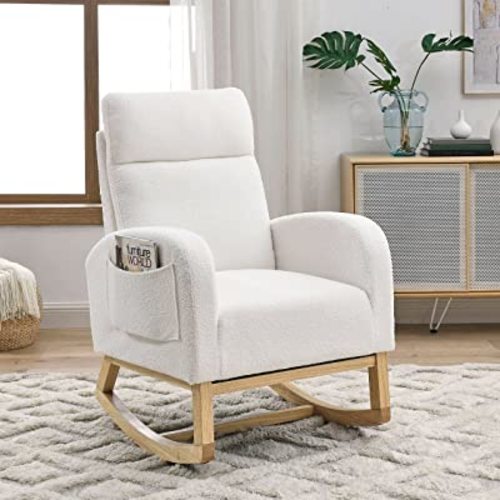 Nursery Rocking Glider Chair, Modern Fabric Tall Back Accent Rocker Chair Upholstered Arm Chair w/Side Pockets, Modern Leisure Single Sofa for Living Room, Hotel, Bedroom, Office, White