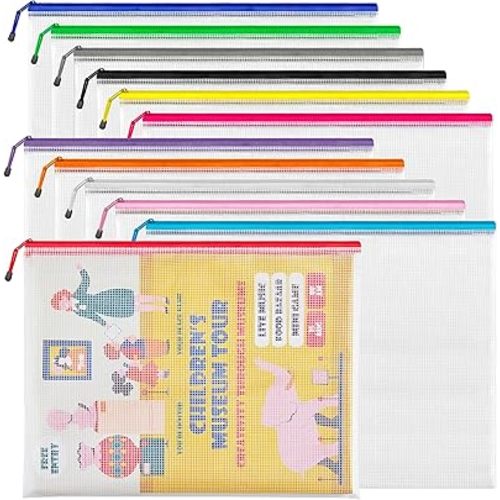 JARLINK A3 (16.5x12.6 in, 12 Pcs) Mesh Zipper Pouch, 12 Colors Extra Large Zipper Bags, Waterproof File Pouches for Office Supplies, Puzzles, Board Game, School, Travel Accessories & Craft Projects