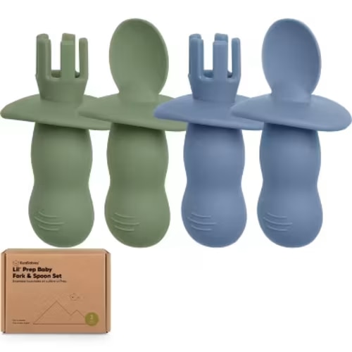 4-Pack Prep Baby Spoons & Forks Set, Self Feeding Baby Utensils 6-18 Months, Silicone BLW Baby Feeding Set, BPA-Free (Slate)