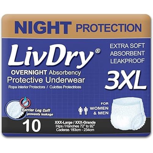 LivDry Adult Incontinence Underwear, Overnight Comfort Absorbency, Leak Protection (XXX-Large (10 Count))