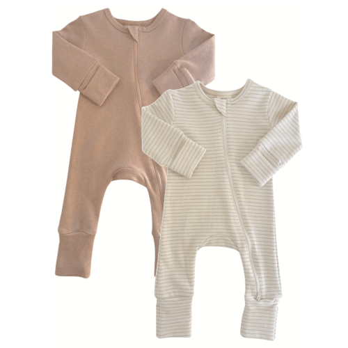 Biscuit & Sage Pencil Stripe / Organic 2-Way Zip Romper 2-Pack