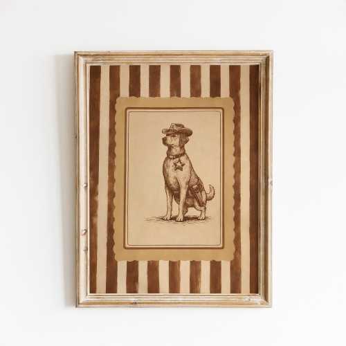 Vintage Cowboy Dog Wall Art Rustic Striped Poster