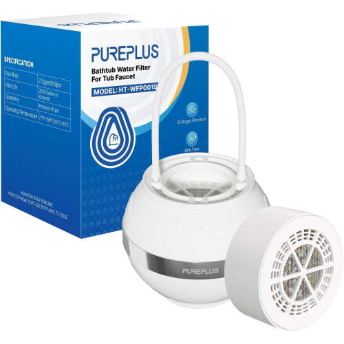 PUREPLUS 8-Stage Bathtub Water Filter | 2500 Gallons Filtration, 1 Extra Replacement Filter Included | BPA-Free, Reduces Chlorine & Heavy Metals, Removes Contaminants | For Softer Skin & Hair