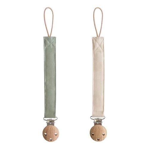 mushie Linen Baby Pacifier Clip Holder | Soft Fabric Strap, 2-Pack (Olive/Shifting Sand)