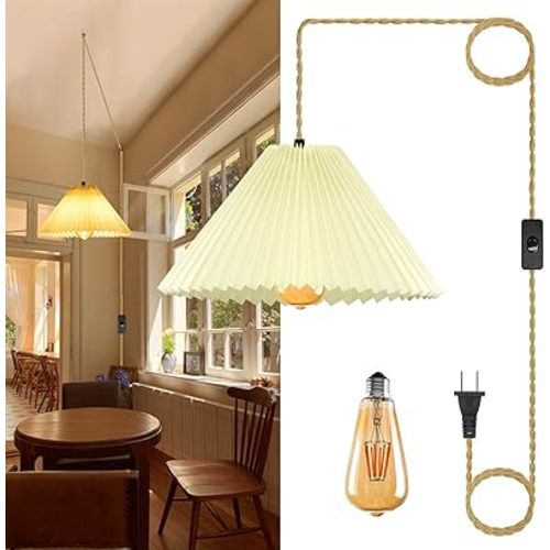 Plug in Pendant Lights with Switch & Hemp Rope, Pleated Lamp Shaped Industrial Hanging Light Kit with E26 Socket, Lamp Cord Fixture for Farmhouse Bedroom Living Room Decor (1PC)