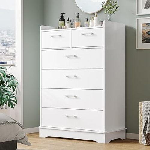 Hasuit White 6 Drawer Dresser, Wooden Storage Chest of 6 Drawers, Vertical Large Capacity Clothing Storage Organizer, Tall Dressers for Bedroom, Hallway, Entryway
