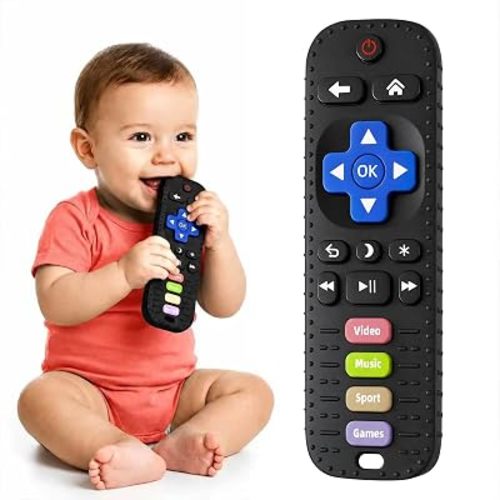 Baby Teething Toys, Remote Control Sensory Teether, Silicone Chew Toy for Teething Relief, BPA-Free Baby Remote Gift for Infants 3-6, 6-12 Months (Black)