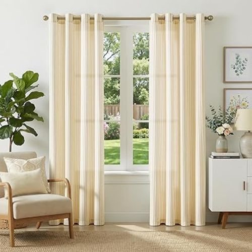 jinchan Linen Curtains for Living Room Yellow Vertical Striped on White Curtains Ticking Stripe Pattern Light Filtering Modern Farmhouse Drapes for Bedroom Grommet Window Treatment 2 Panels 84 inches