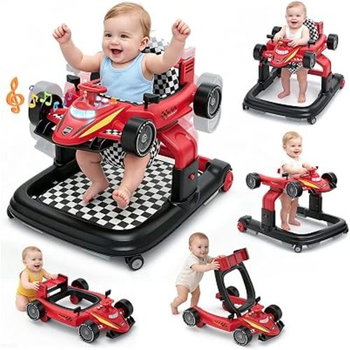 5-in-1 Baby Walker with Wheels, Infant Activity Push Walkers for Boys, Red