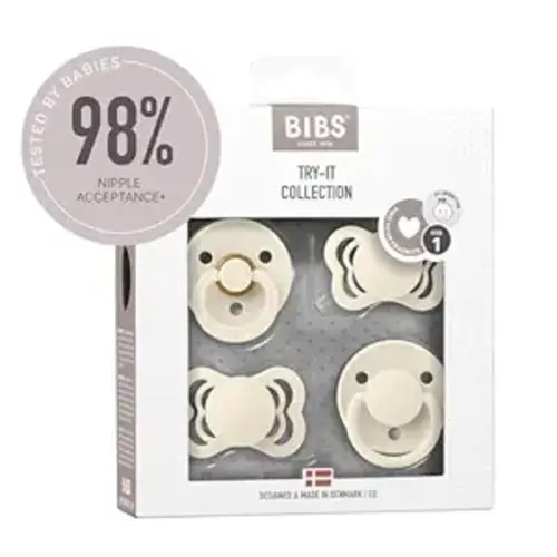 BIBS Try-It Collection | 4-Pack Soothers | BPA-Free Round, Anatomical & Symmetrical Nipple | Natural Rubber Latex/Silicone | Made in Denmark | 0-6 Months | Ivory