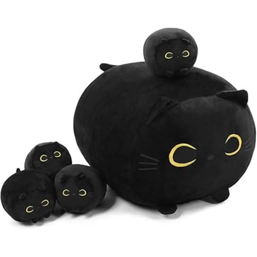 TOYSYM Black Cat Stuffed Animal Mommy Cat Plush Toys with 4 Squishy Baby in Her Tummy Soft Cute Hugging Pillows for Boys and Girls