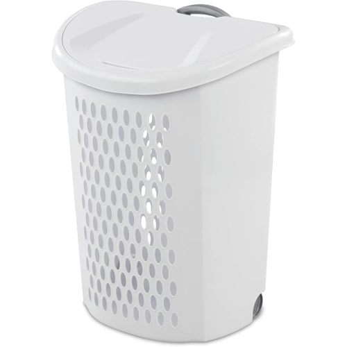 Large Capacity Heavy-Duty Plastic Rolling Laundry Basket with Lid Wheels White, Retractable Handle Ventilated Design for Home