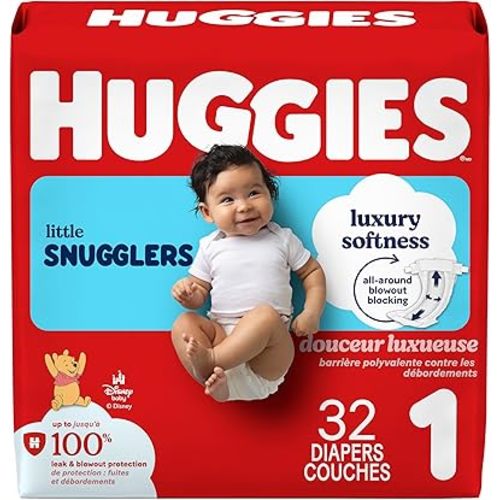 Huggies Little Snugglers Baby Diapers, Size 1 (up to 14 lb.), 32 Ct, Jumbo Pack (Packaging May Vary)