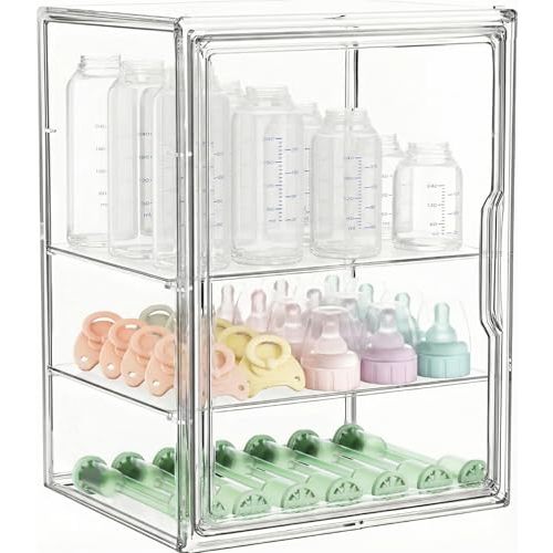 Baby Bottle Storage Organizer for Countertop, Large Clear Bottle Organizer, Baby Bottle Storage Organizer for Bottles, Nipples, Pump Parts & Food Jars, Nursery Cabinet, Kitchen Pantry