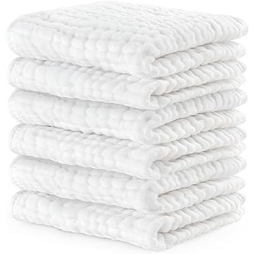 Comfy Cubs Muslin Baby Washcloths 6 Pack - Soft 6-Layer Cotton Wash Cloths for Sensitive Skin - 10"x10" Large, Gentle, Absorbent Infant Essentials for Newborn and Toddlers - White