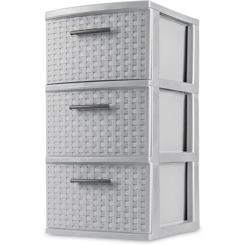 3 Drawer Weave Tower, Plastic Décor Drawers with Pull Handles, Gray