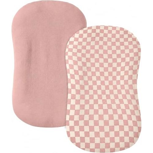 guruixu Muslin Baby Lounger Cover 2 Pack, 100% Cotton Infant Lounger Cover, Soft & Breathable Replacement Slipcover, Compatible with Snuggle Me Newborn Lounger (Dusty Pink & Pink Check)