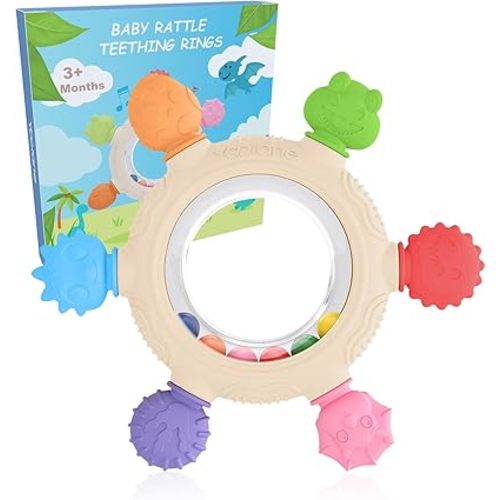 Baby Teething Toys, Silicone Teether for Babies 3 6 12 18 Months, Dinosaur Baby Teething Ring Rattle Teether Sensory Chew Toys for Toddler Infant, Newborn Stuff Essential Gift, BPA Free