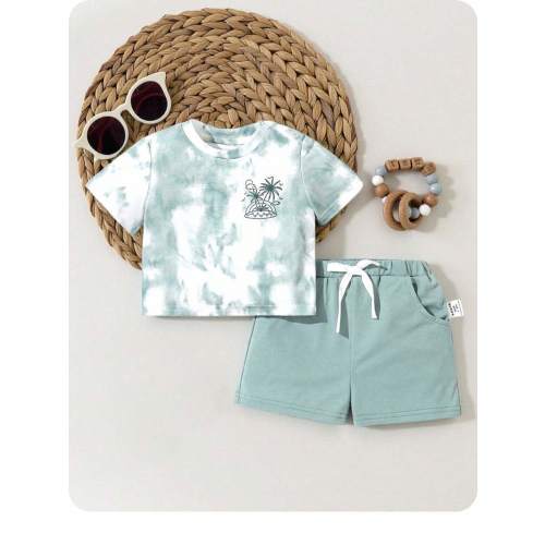 Newborn Baby Boy Tie-Dye Coconut Tree Pattern Round Neck Short Sleeve Top And Shorts Leisure Vacation 2pcs Outfit | SHEIN USA