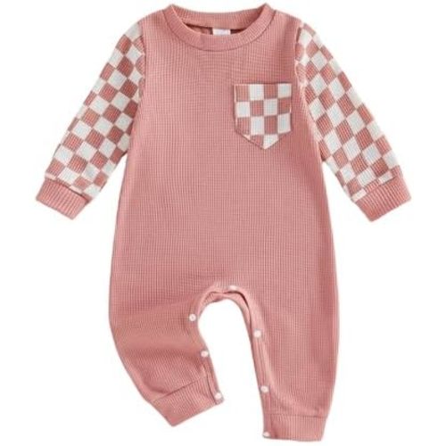 Newborn Baby Girl Fall Outfit Romper Long Sleeve Plaid Print Patchwork Jumpsuits Cute Infant Waffle Clothes