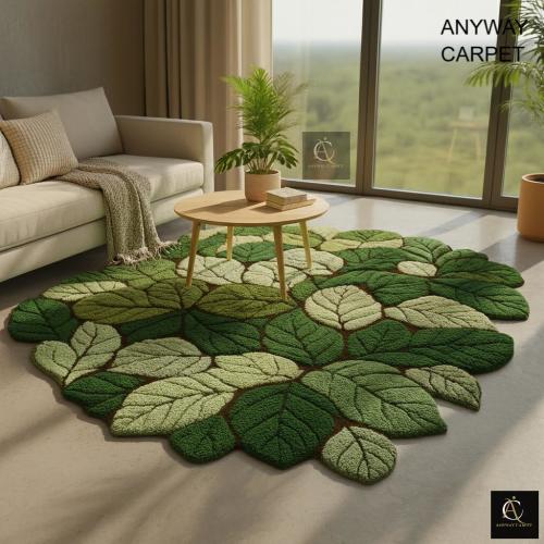 Modern Leaf Shaped Area Rug | Handmade Wool Carpet | Green Botanical Floor Rug for Bedroom