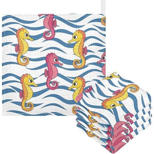 Baby Washcloths Seahorse Cartoon Pattern Muslin Face Towels Soft Absorbent Burp Wash Wipes Towel for Newborn Infant, 5 Pack
