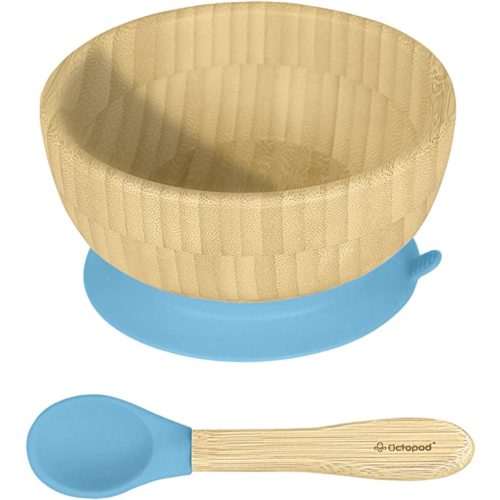 Abiie Octopod Bamboo Baby Bowl 4 Months and Up – Mess-Free High Chair Suction Bowl with Spoon for Toddlers and Kids - Ergonomic Baby Feeding Essentials - 5.7" x 3" x 5.7" - Blue