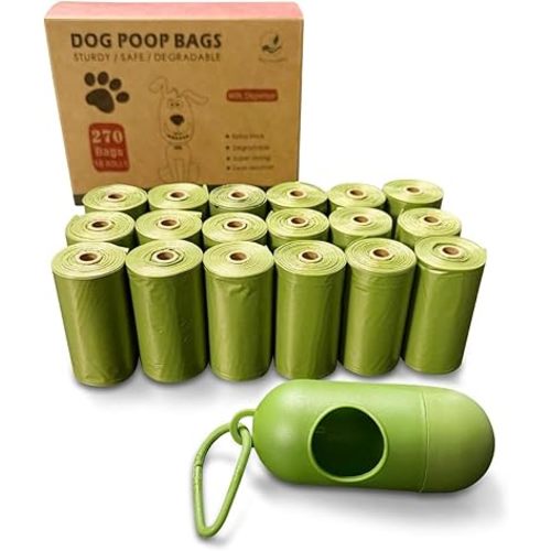 Dog Poop Bags Rolls with 1 Dispenser 270 Count (18 Rolls, 15 Bags per Roll), Leakproof, Unscented, Includes Leash Clip, Thick Strong, 8.5"W x 11.5"L