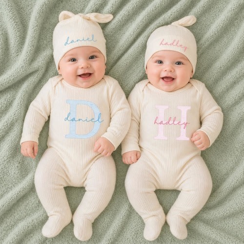 Twin Coming Home Outfits, Oatmeal Footed Bodysuit Set, Pink & Blue Boy Girl Twin Baby Outfit, Newborn Twins Gift, Baby Shower Gift for Twins