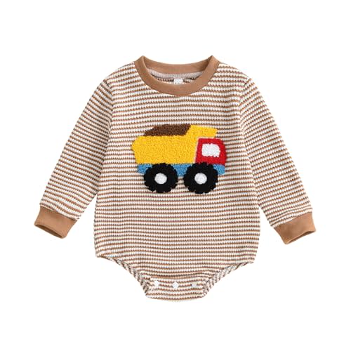 Fernvia Infant Baby Boy Fall Knit Striped Romper Helicopter Truck Fish Embroidered Crew Neck Long Sleeve Jumpsuit Clothes