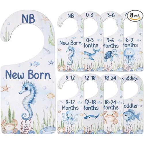 Baby Closet Dividers 8PCS, Under The Sea/Ocean Animal Theme Wooden Double-Sided Clothes Size Hanger Organizer from Newborn to Toddler for Nursery Decor Baby Shower Birthday Gift
